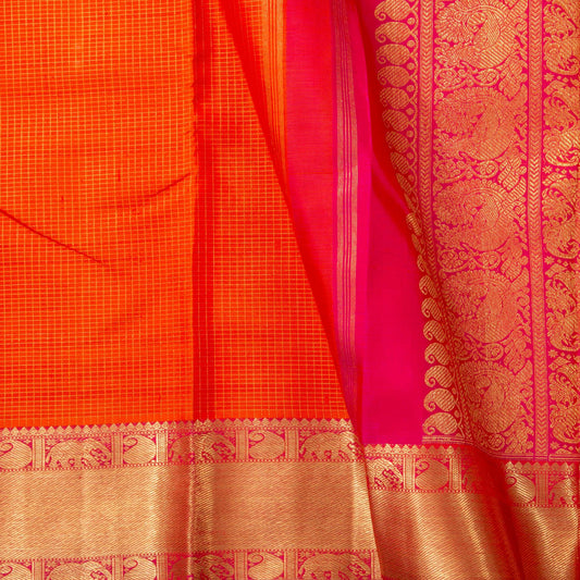 Orange And Pink Kanchipuram Silk Saree With Zari Checks For Wedding Wear PV NYC 1626