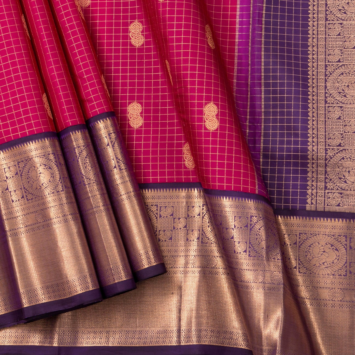 Pink And Purple Kanchipuram Silk Saree With Zari Checks For Bridal Wear PV NYC 1630