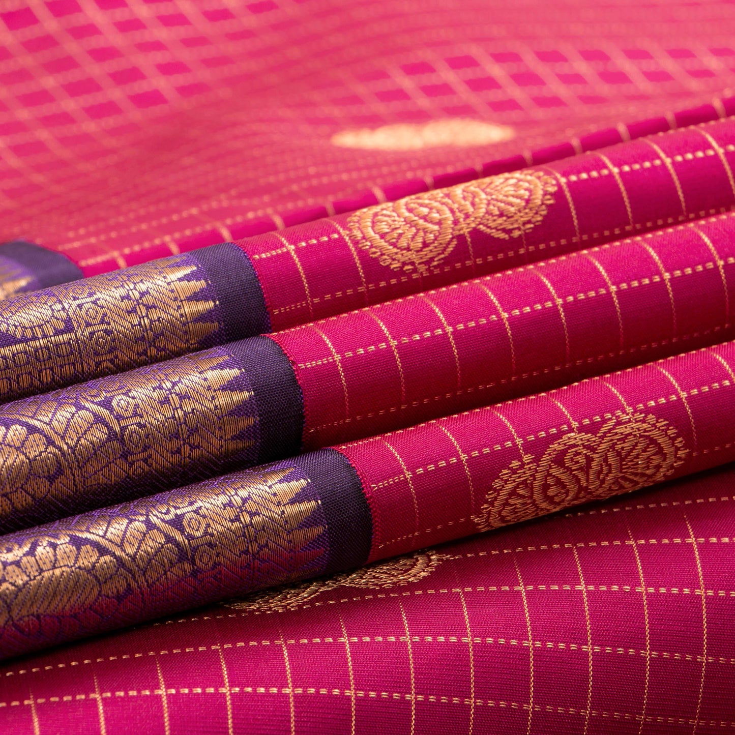 Pink And Purple Kanchipuram Silk Saree With Zari Checks For Bridal Wear PV NYC 1630