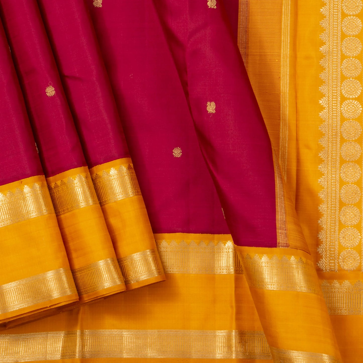 Magenta And Mustard Yellow Kanchipuram Silk Saree For Festive Wear PV NYC 1640