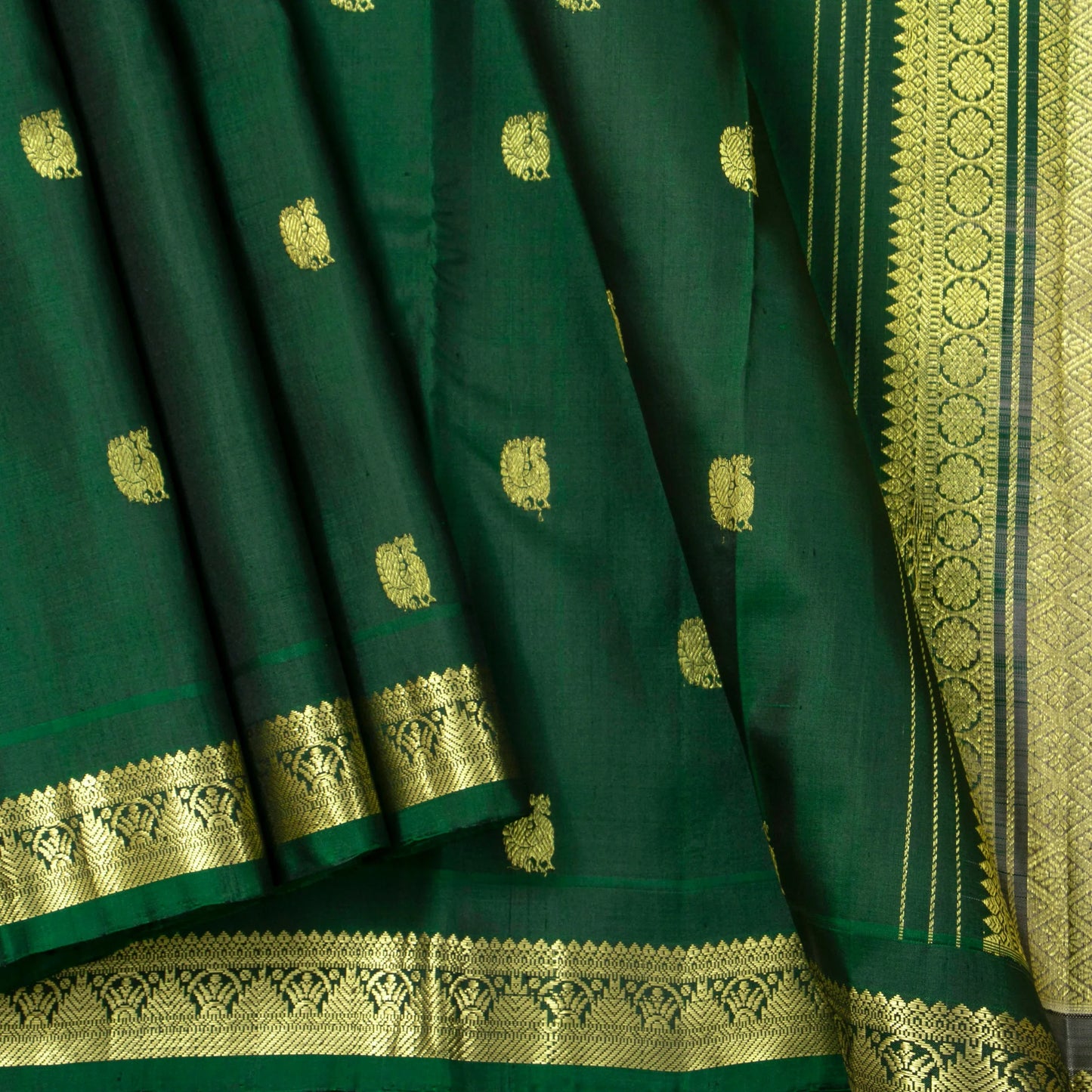 Bottle Green And Grey Kanchipuram Silk Saree With Small Border For Festive Wear PV NYC 1609
