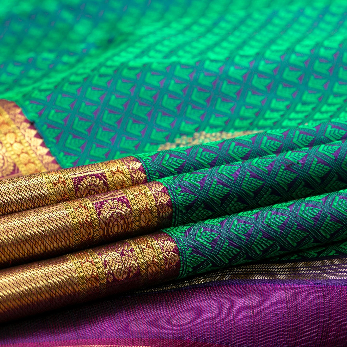 Green, Purple And Maroon Kanchipuram Silk Saree With Silk Jacquard Work For Wedding Wear PV NYC 1644