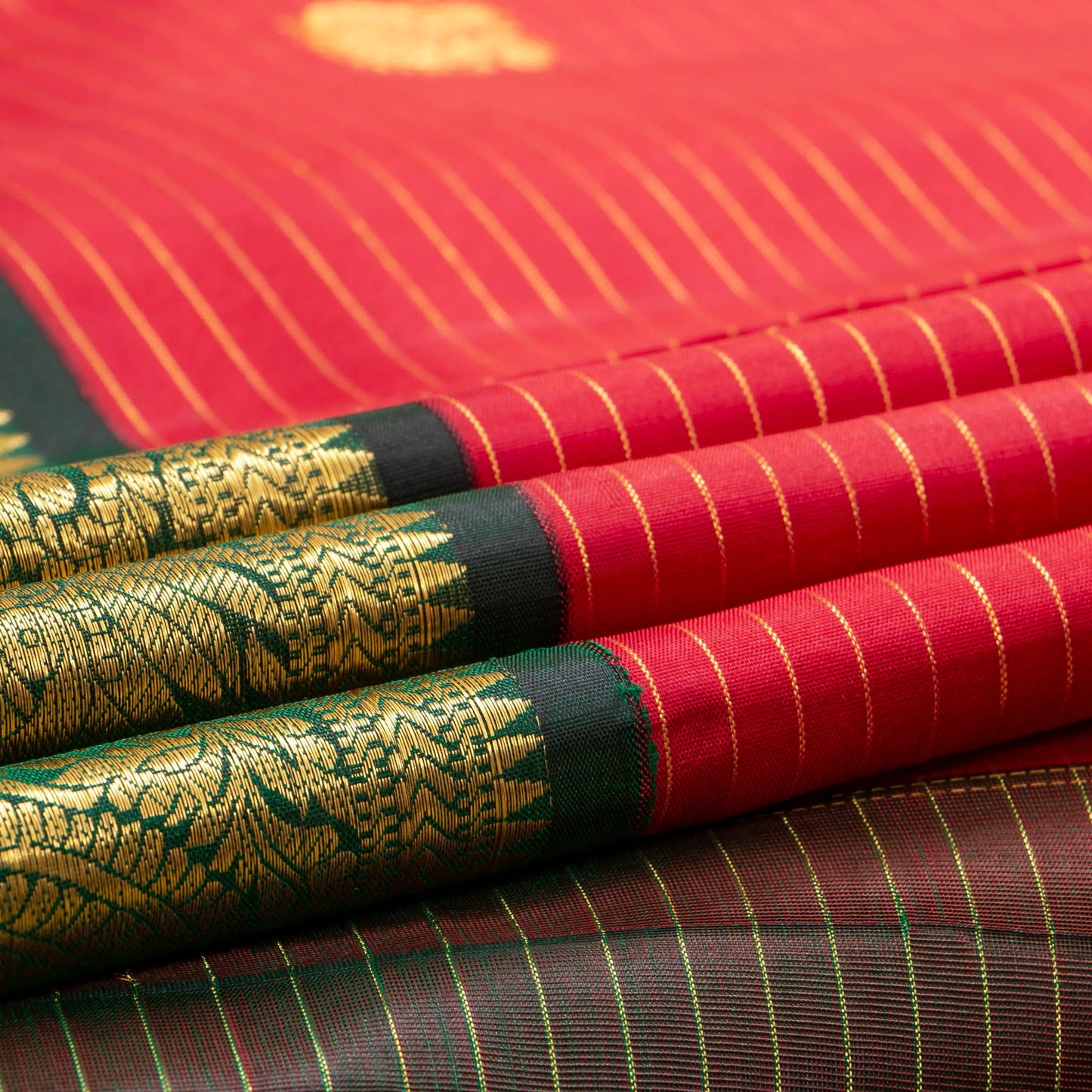 Red And Green Kanchipuram Silk Saree With Zari Stripes For Wedding Wear PV NYC 1634