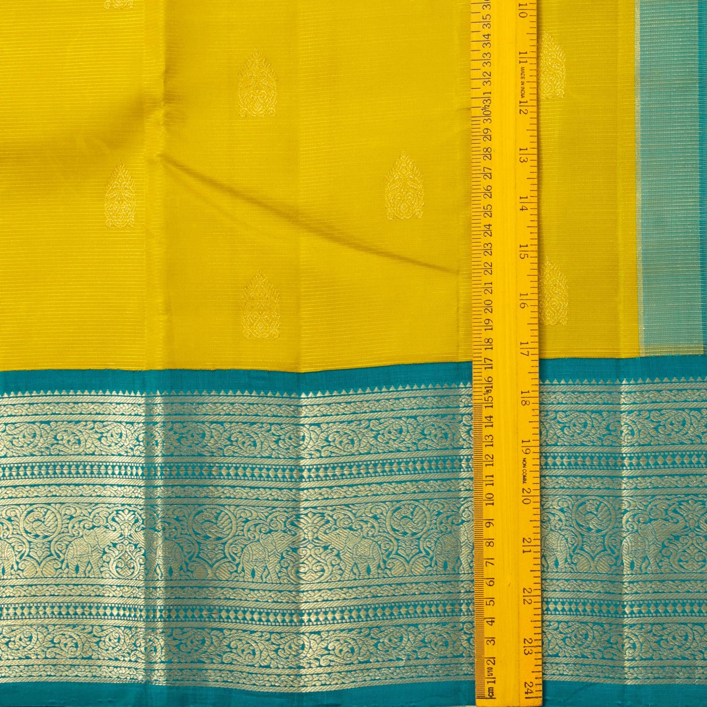 Yellow And Turquoise Green Kanchipuram Silk Saree With Vaira Oosi Zari Stripes For Bridal Wear PV NYC 1607
