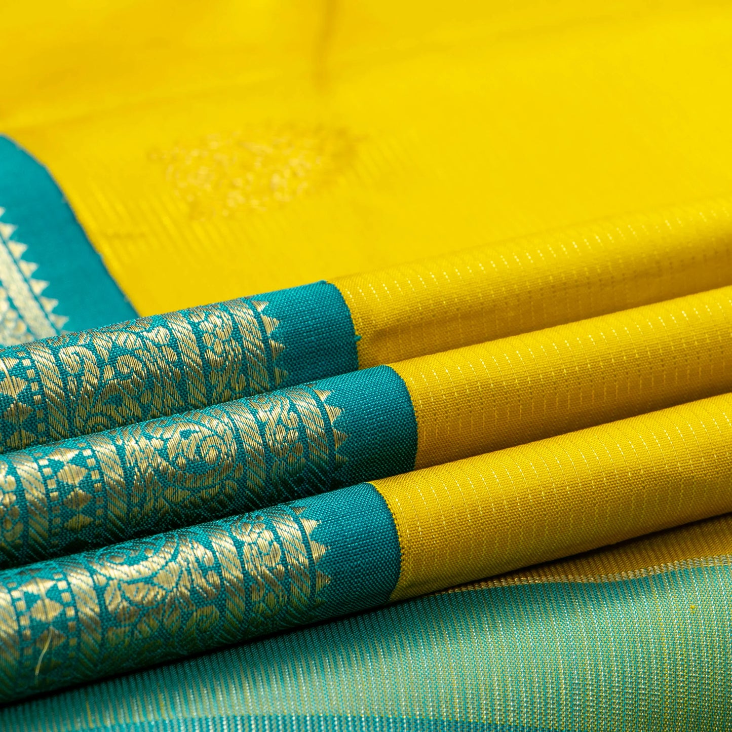 Yellow And Turquoise Green Kanchipuram Silk Saree With Vaira Oosi Zari Stripes For Bridal Wear PV NYC 1607