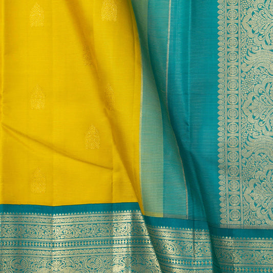 Yellow And Turquoise Green Kanchipuram Silk Saree With Vaira Oosi Zari Stripes For Bridal Wear PV NYC 1607