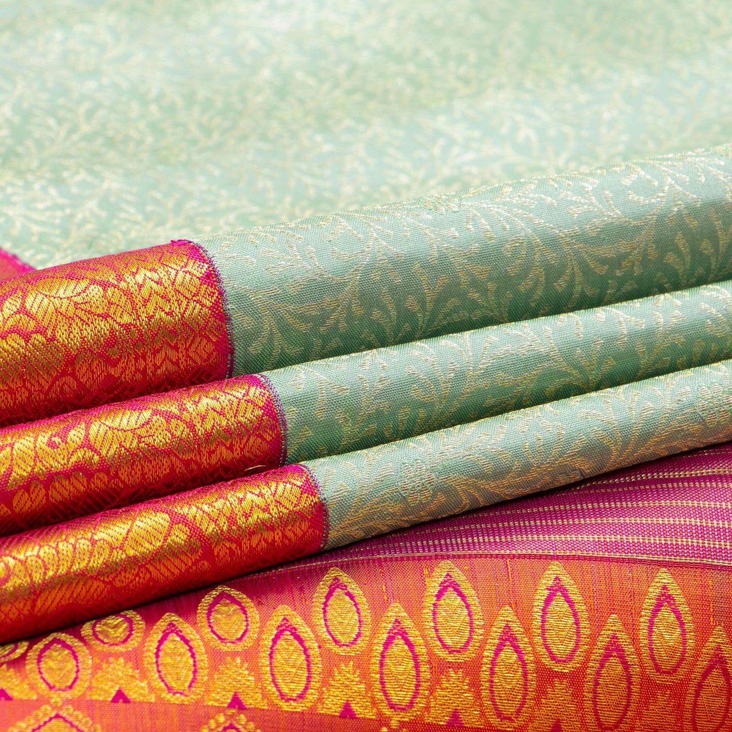 Pastel Turquoise And Orange Kanchipuram Silk Saree With Silver And Gold Zari For Bridal Wedding Wear PV NYC 1658