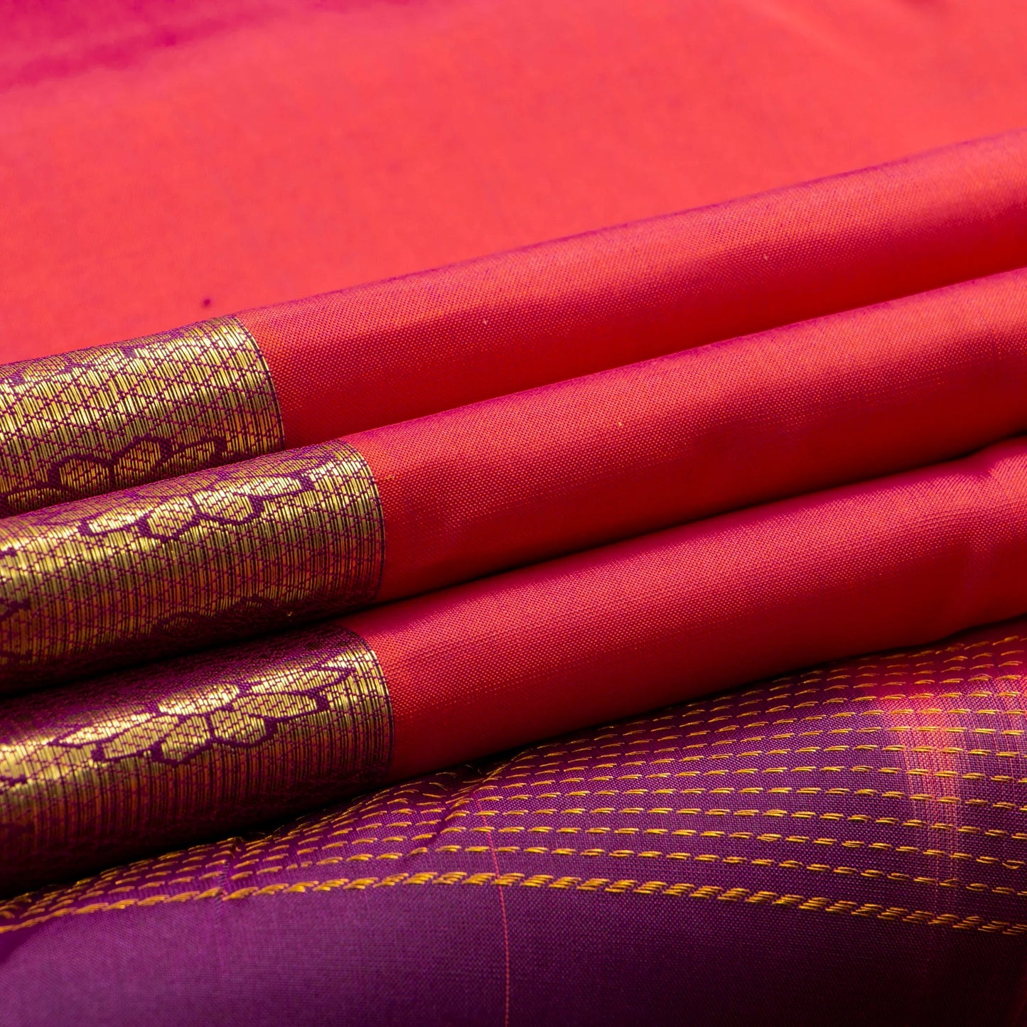 Tomato Pink And Magenta Kanchipuram Silk Saree With Zari Checks For Festive Wear PV NYC 1584