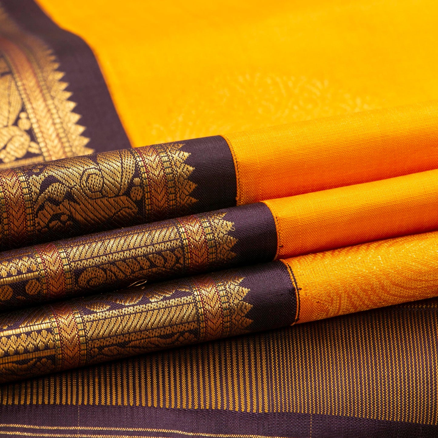 Yellow And Brown Kanchipuram Silk Saree For Bridal Wear PV NYC 1642