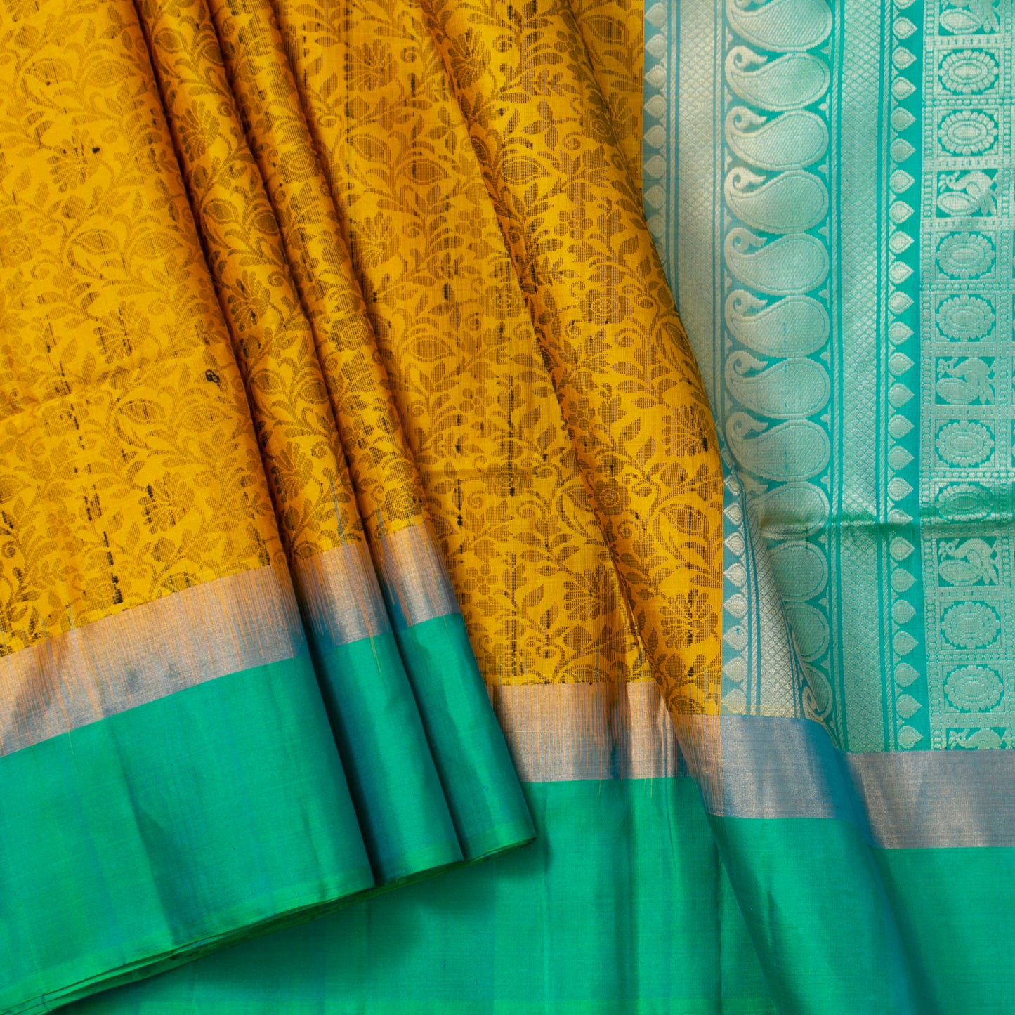 Yellow And Sea Green Handwoven Soft Silk Saree Pure Silk For Office Wear PV NYC 1688