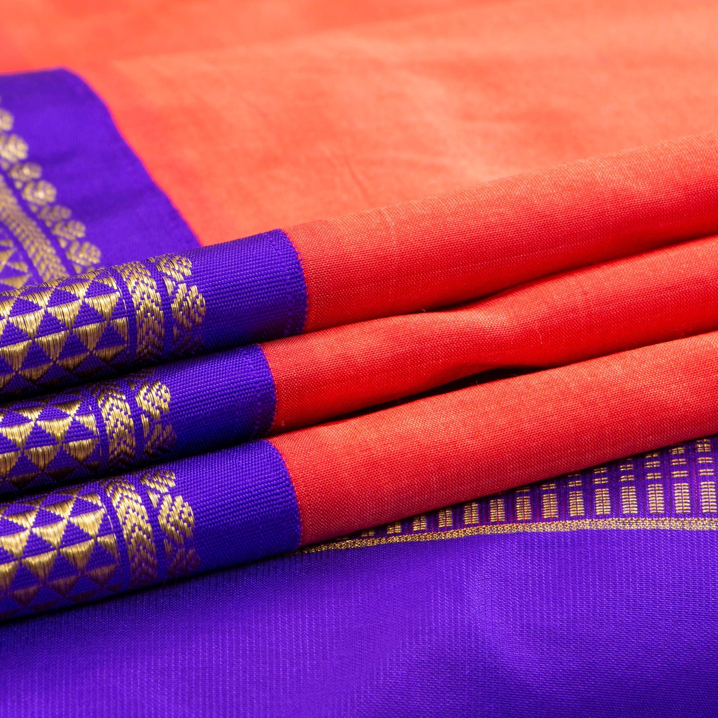 9 Yards Orange And Violet Kanchipuram Silk Saree Handwoven Pure Silk Pure Zari For Wedding Wear PV NYC 1710