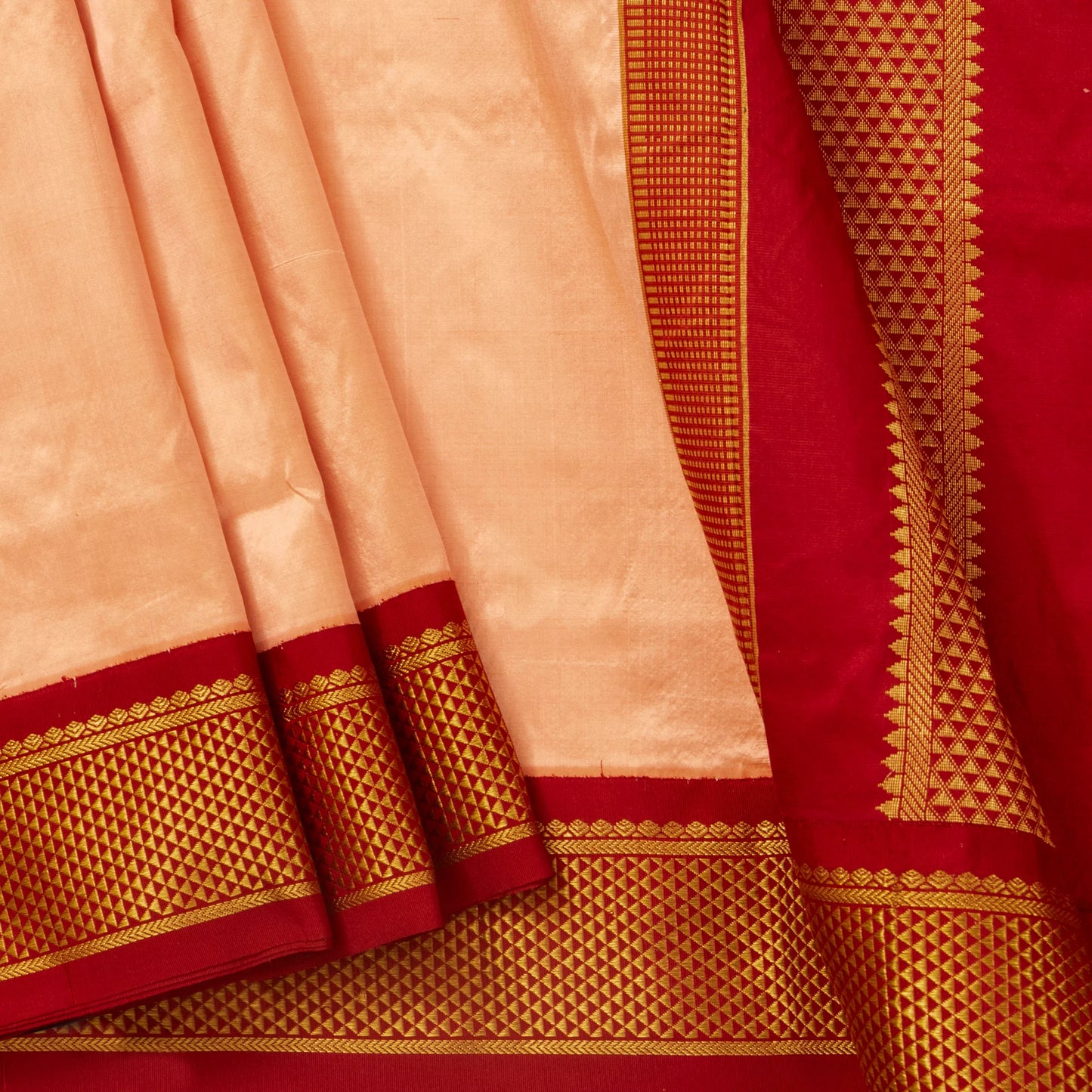9 Yards Peach Ganga Jamuna Border Kanchipuram Silk Saree Handwoven Pure Silk Pure Zari For Wedding Wear PV NYC 1711