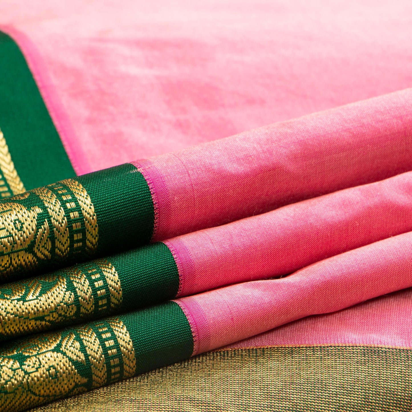 9 Yards Pink And Green Kanchipuram Silk Saree Handwoven Pure Silk Pure Zari For Wedding Wear PV NYC 1709