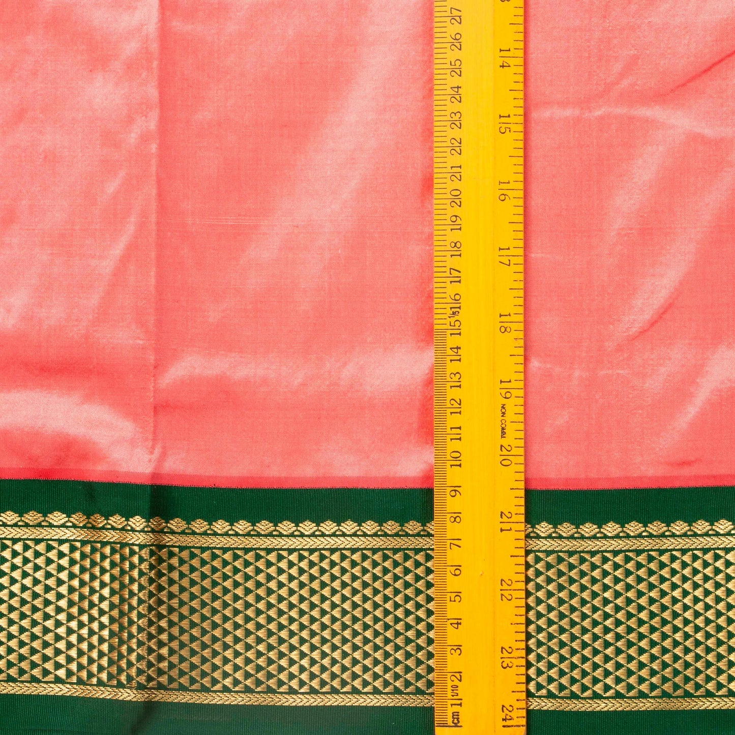9 Yards Peach And Green Kanchipuram Silk Saree Handwoven Pure Silk Pure Zari For Wedding Wear PV NYC 1706