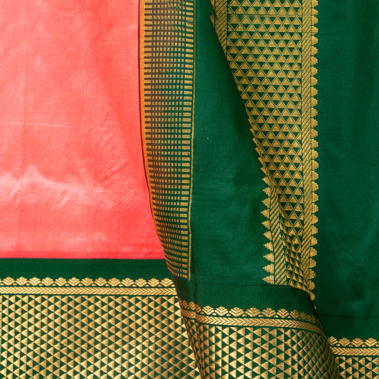 9 Yards Peach And Green Kanchipuram Silk Saree Handwoven Pure Silk Pure Zari For Wedding Wear PV NYC 1706