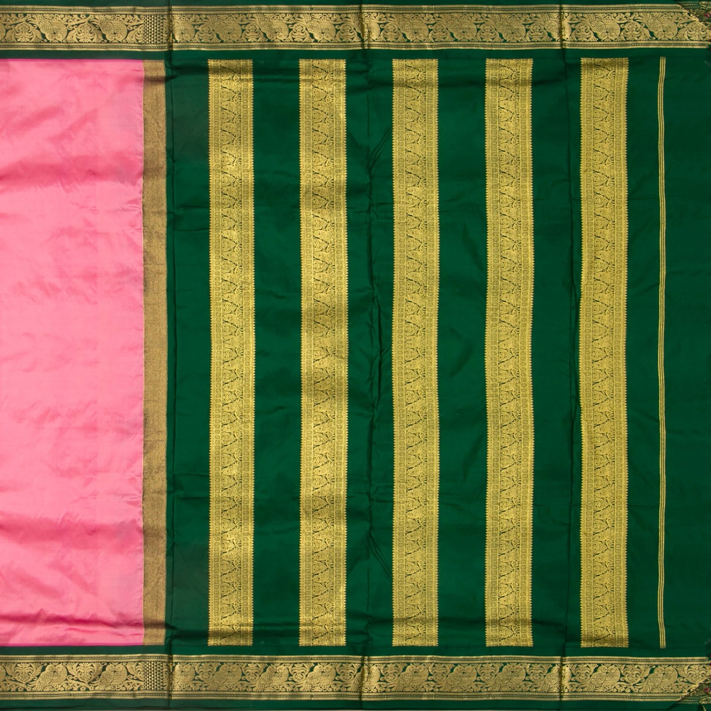 9 Yards Pink And Green Kanchipuram Silk Saree Handwoven Pure Silk Pure Zari For Wedding Wear PV NYC 1709