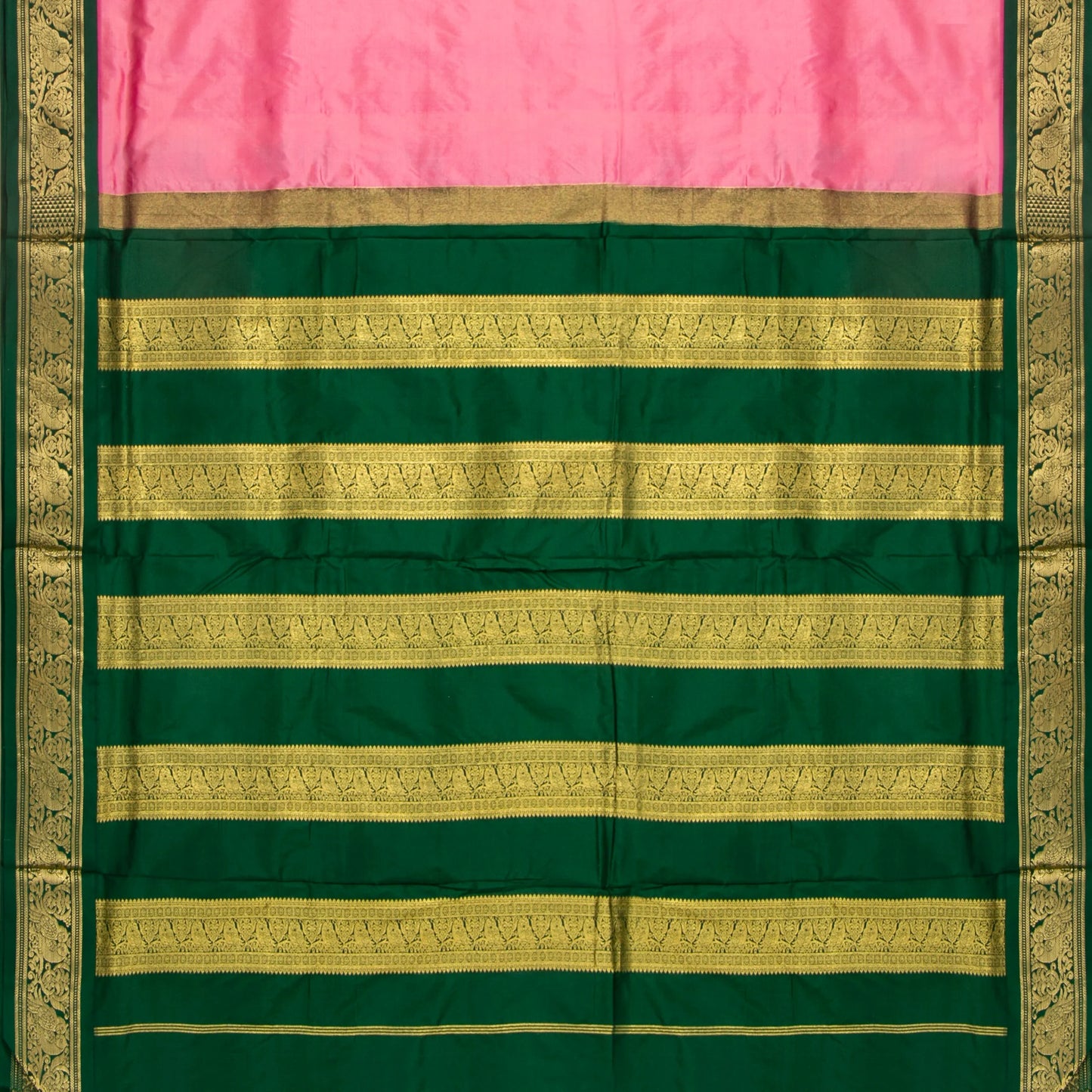 9 Yards Pink And Green Kanchipuram Silk Saree Handwoven Pure Silk Pure Zari For Wedding Wear PV NYC 1709