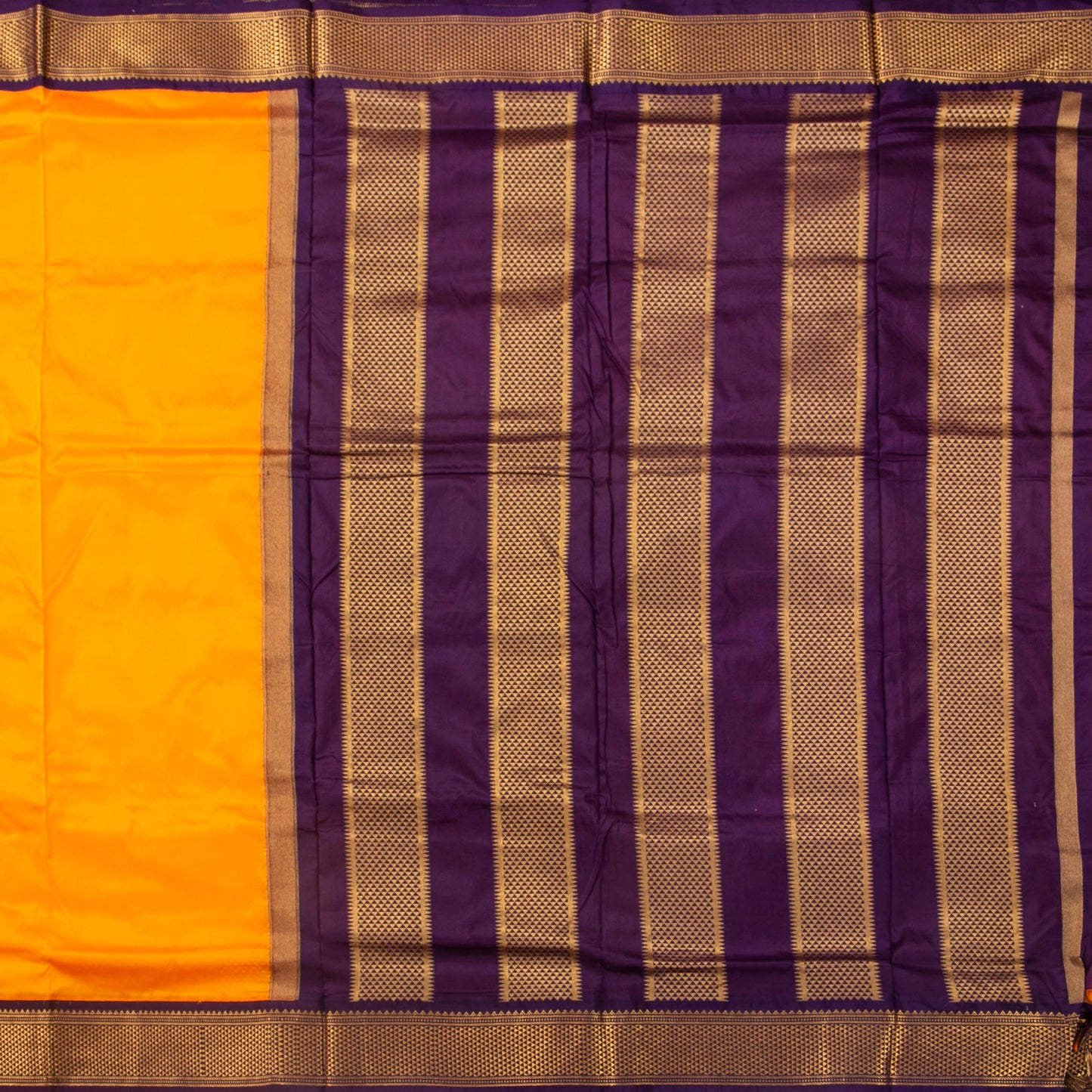 9 Yards Yellow And Purple Kanchipuram Silk Saree Handwoven Pure Silk Pure Zari For Wedding Wear PV NYC 1699