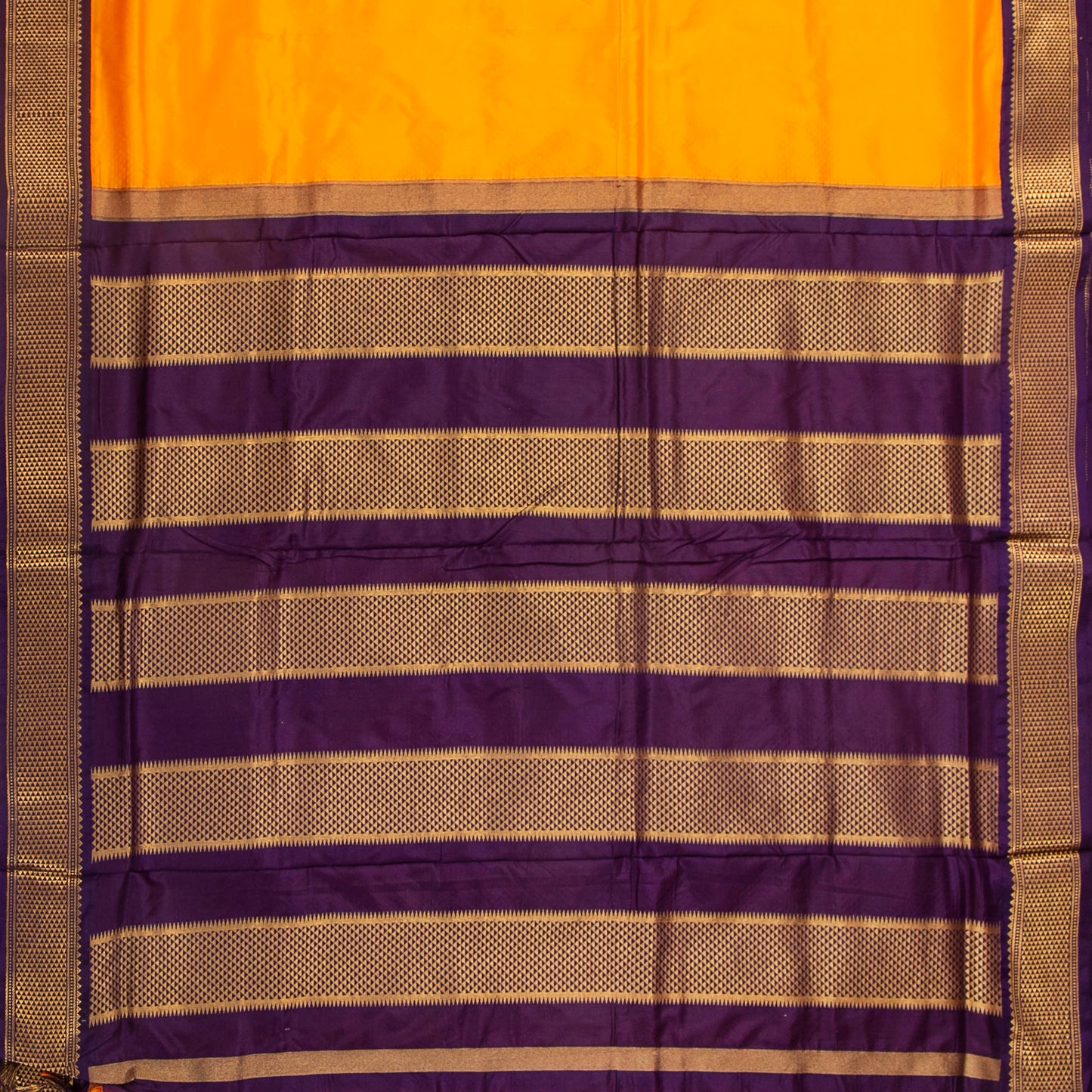9 Yards Yellow And Purple Kanchipuram Silk Saree Handwoven Pure Silk Pure Zari For Wedding Wear PV NYC 1699