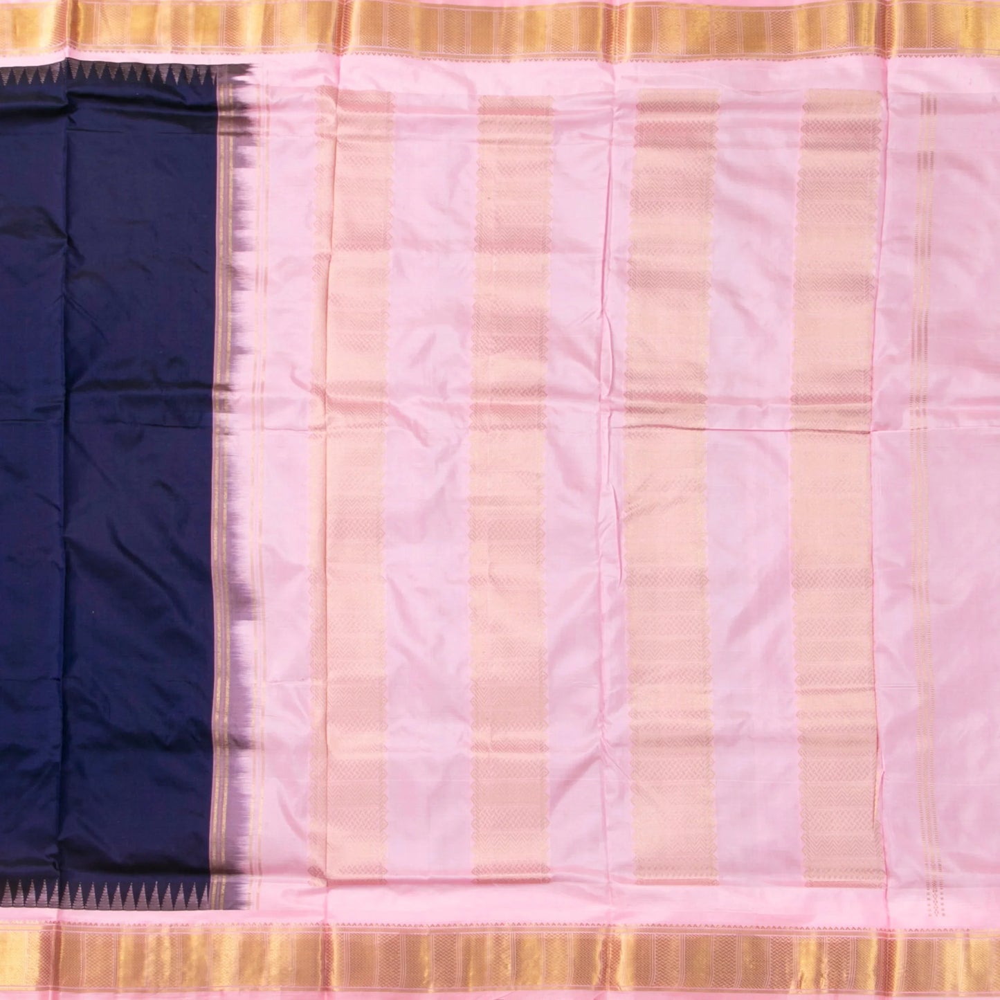 9 Yards Blue And Pastel Pink Kanchipuram Silk Saree Handwoven Pure Silk Pure Zari For Wedding Wear PV NYC 1697