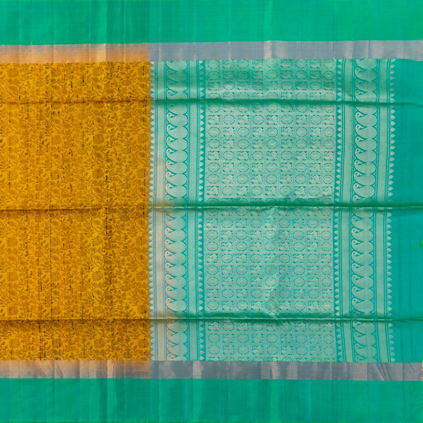 Yellow And Sea Green Handwoven Soft Silk Saree Pure Silk For Office Wear PV NYC 1688