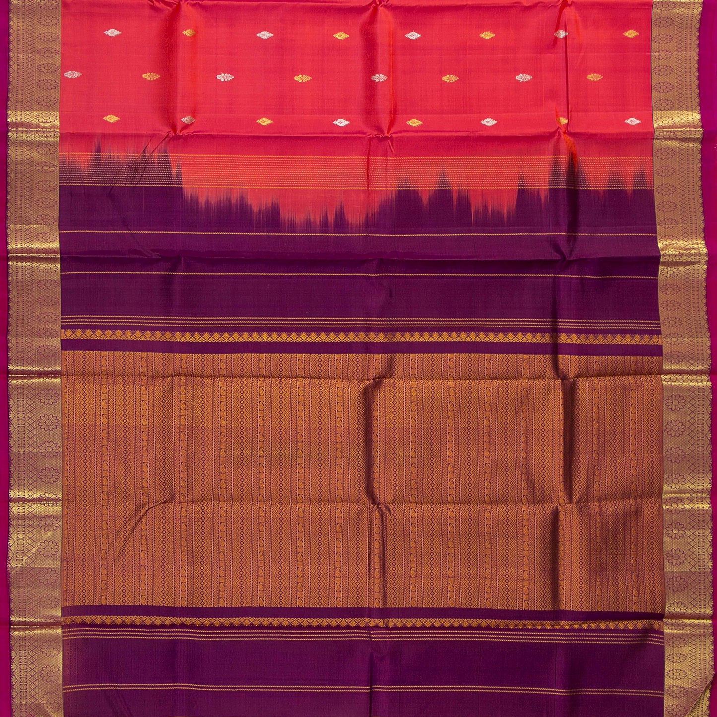 Tomato Pink And Magenta Kanchipuram Silk Saree With Zari Checks For Festive Wear PV NYC 1584