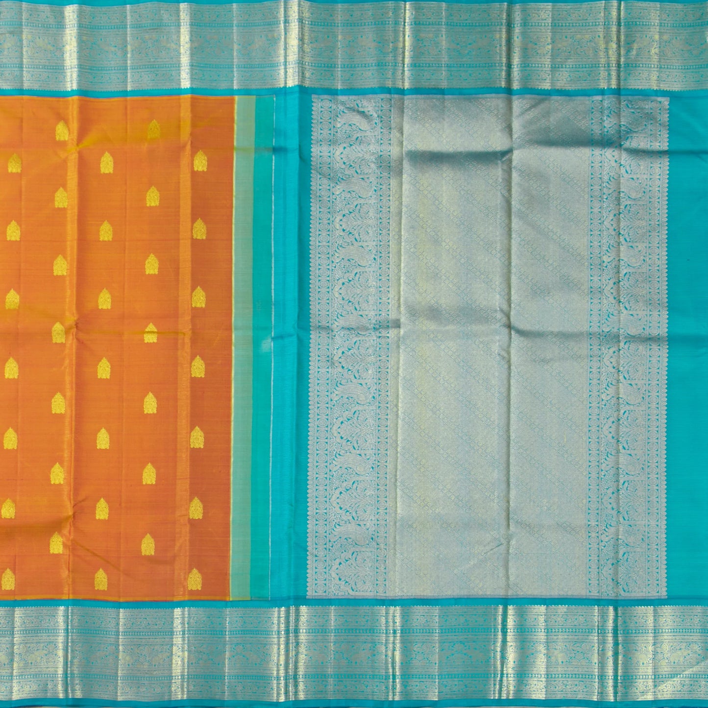 Orange And Anandha Blue Kanchipuram Silk Saree With Silver Zari For Wedding Wear PV NYC 1595