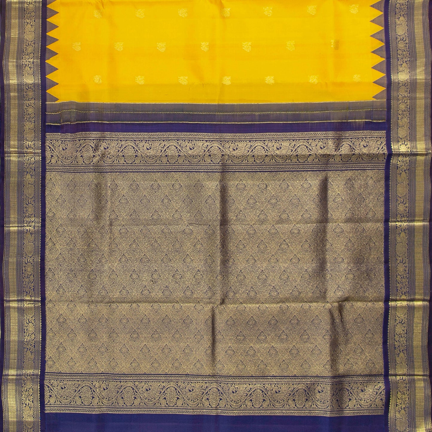 Yellow And Navy Blue Kanchipuram Silk Saree For Wedding Wear PV NYC 1627