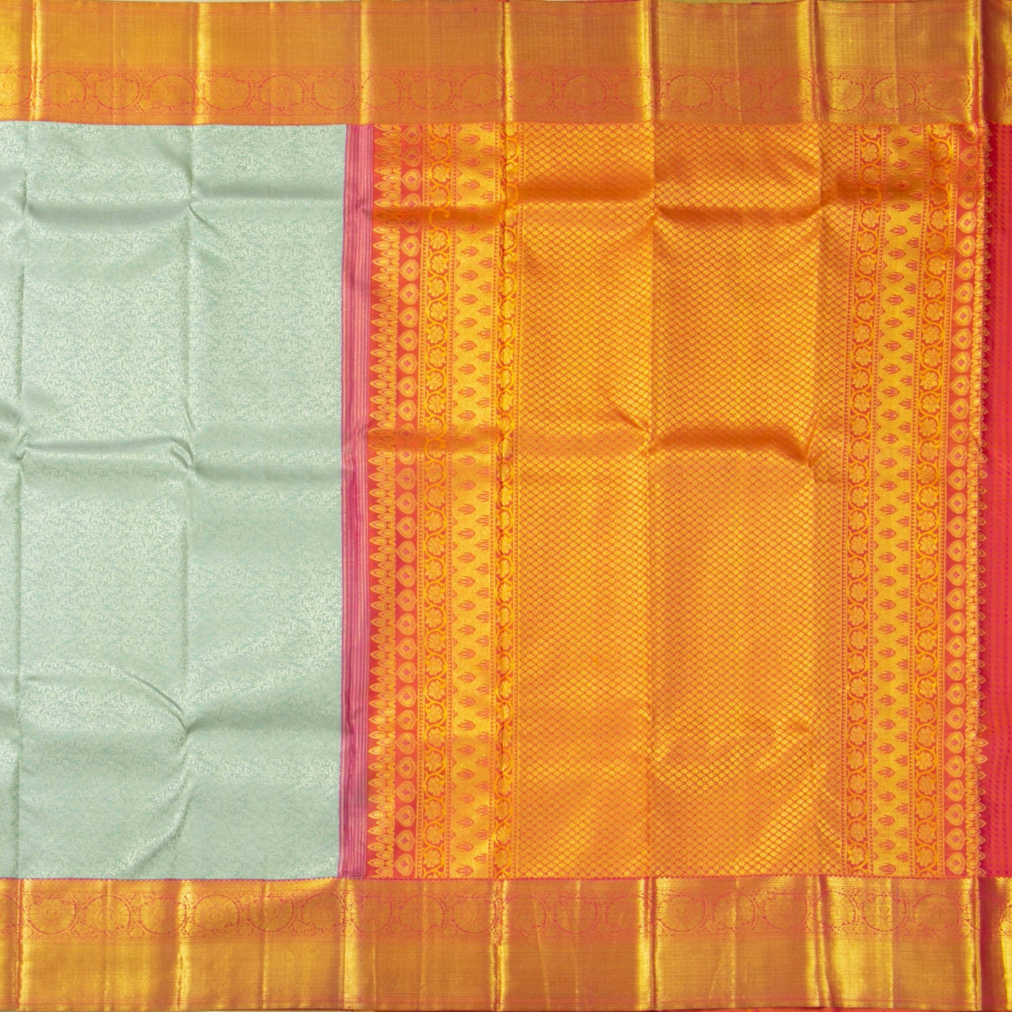 Pastel Turquoise And Orange Kanchipuram Silk Saree With Silver And Gold Zari For Bridal Wedding Wear PV NYC 1658