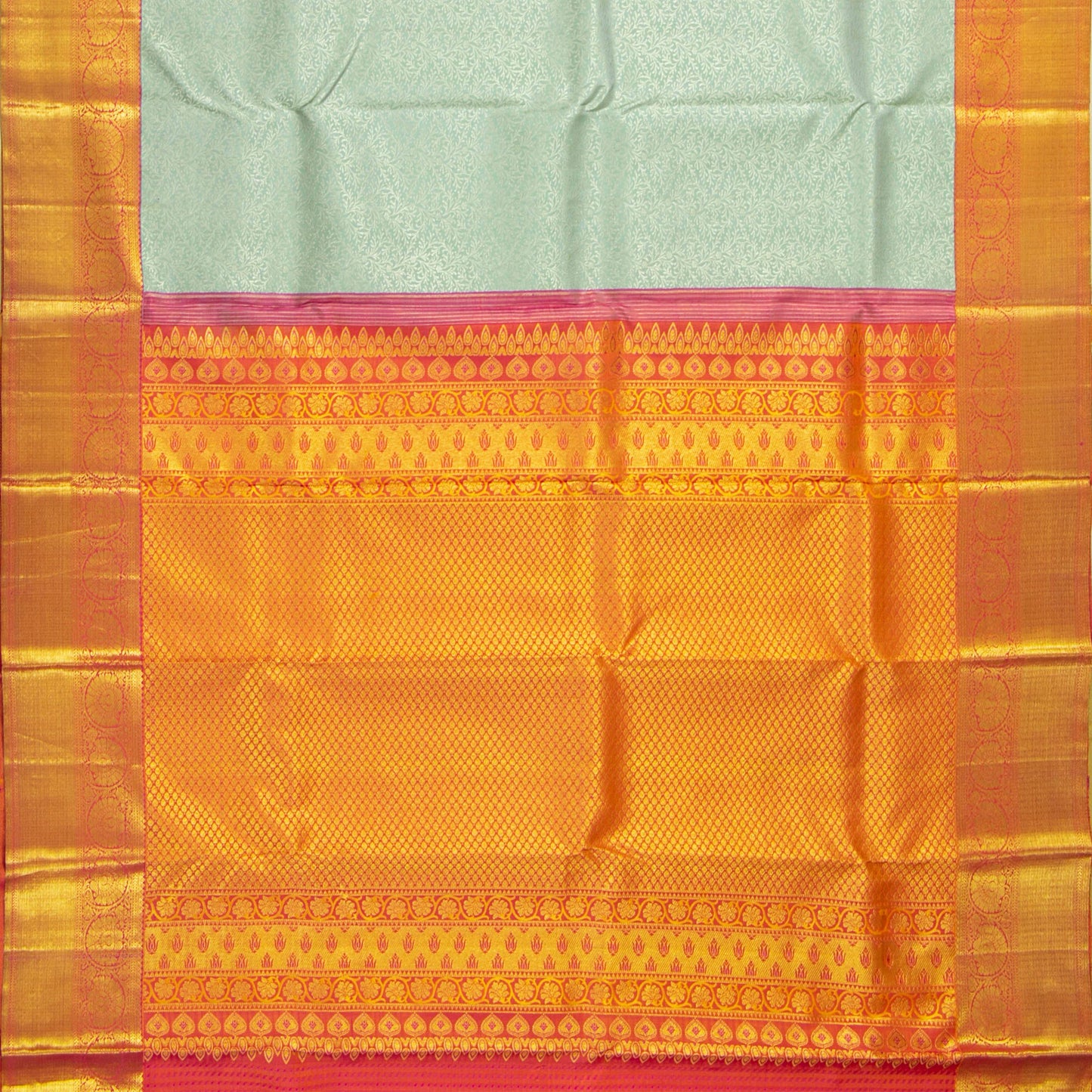 Pastel Turquoise And Orange Kanchipuram Silk Saree With Silver And Gold Zari For Bridal Wedding Wear PV NYC 1658