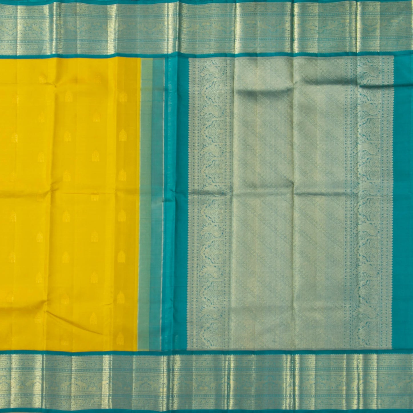 Yellow And Turquoise Green Kanchipuram Silk Saree With Vaira Oosi Zari Stripes For Bridal Wear PV NYC 1607