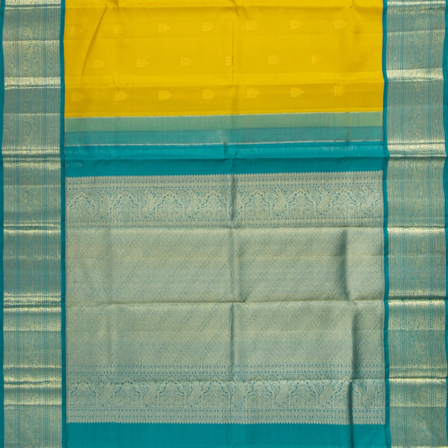 Yellow And Turquoise Green Kanchipuram Silk Saree With Vaira Oosi Zari Stripes For Bridal Wear PV NYC 1607