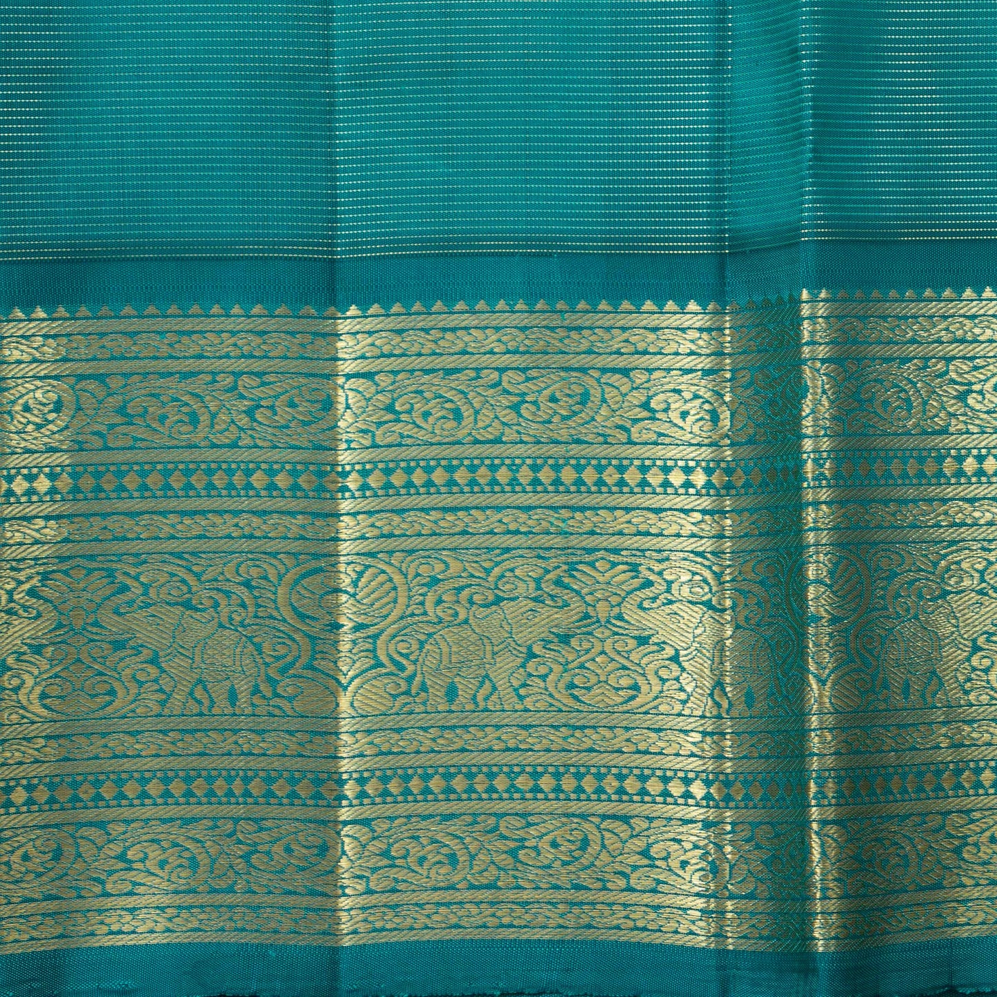 Yellow And Turquoise Green Kanchipuram Silk Saree With Vaira Oosi Zari Stripes For Bridal Wear PV NYC 1607