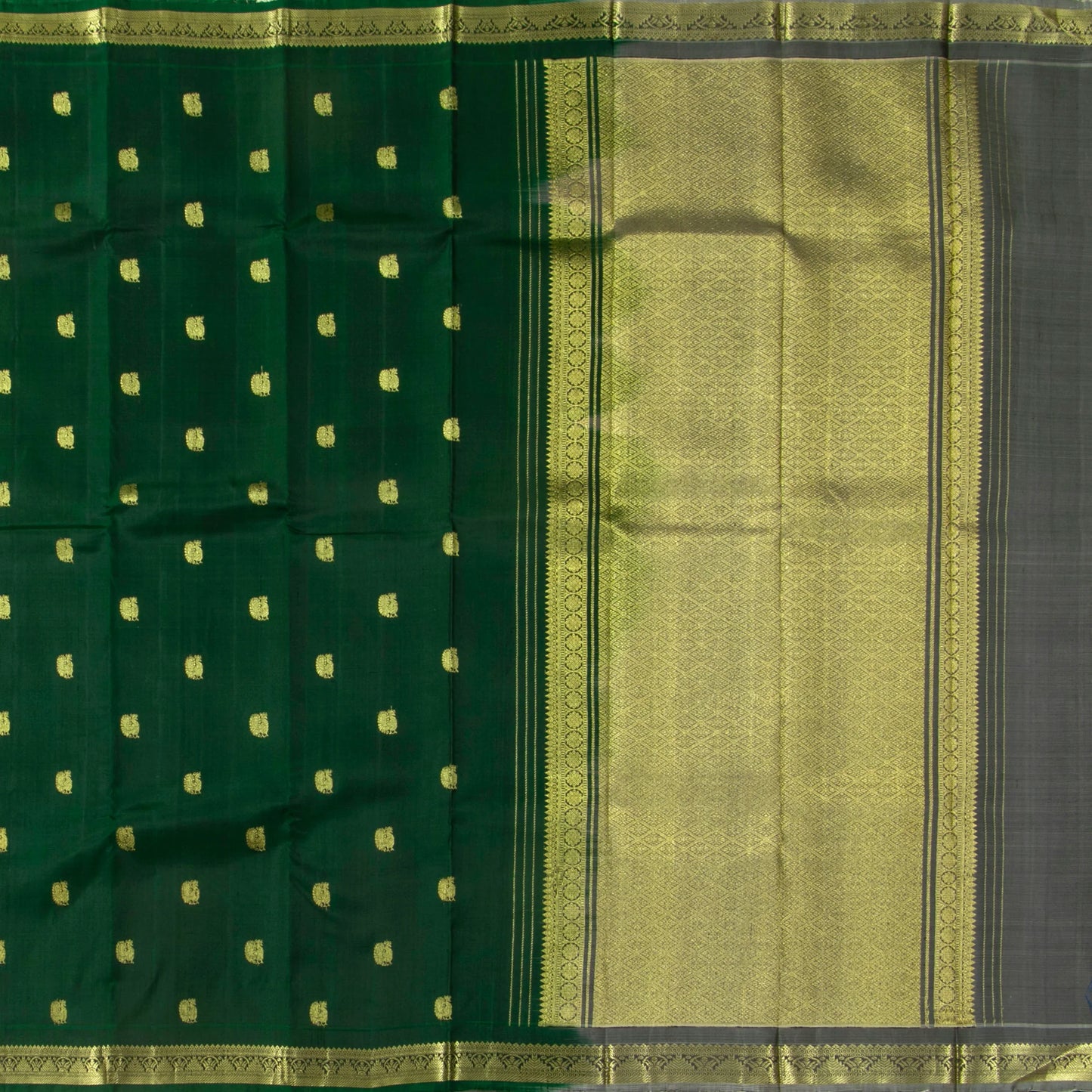 Bottle Green And Grey Kanchipuram Silk Saree With Small Border For Festive Wear PV NYC 1609