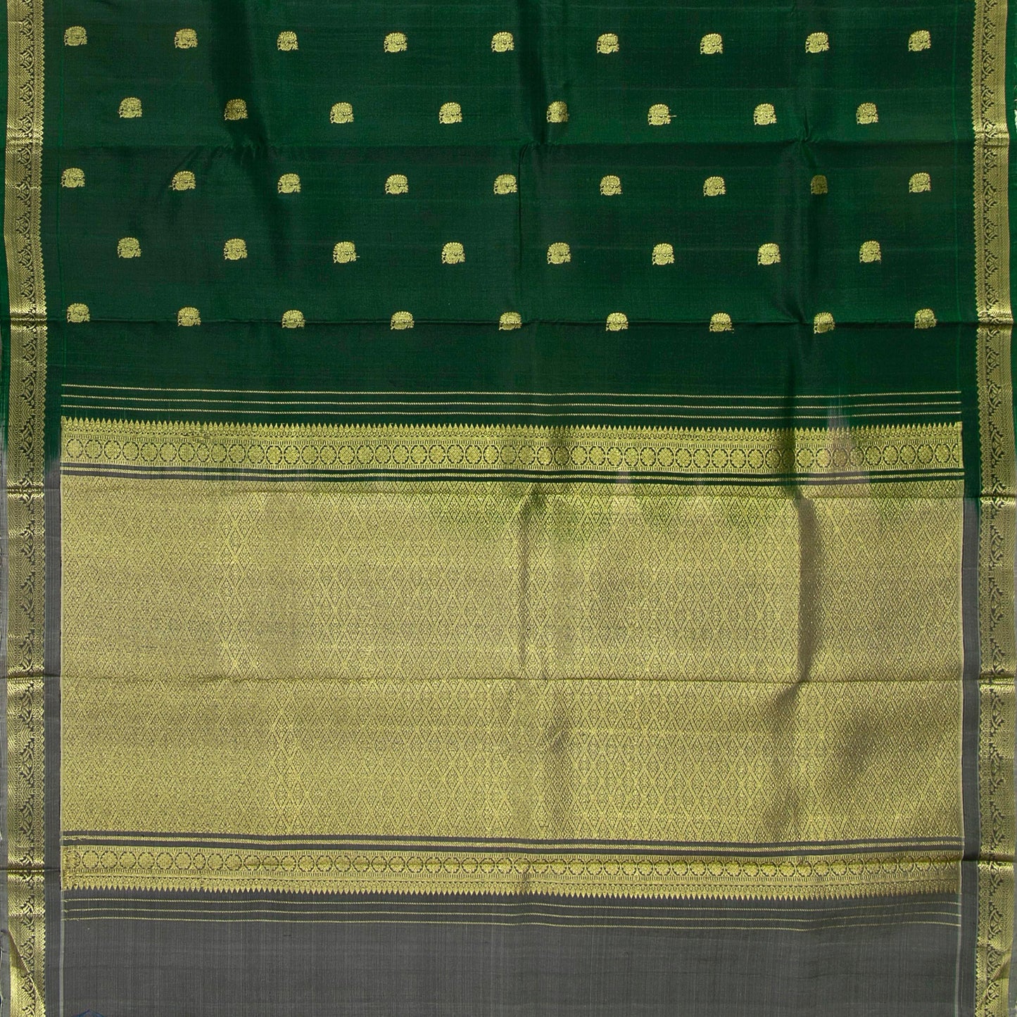 Bottle Green And Grey Kanchipuram Silk Saree With Small Border For Festive Wear PV NYC 1609