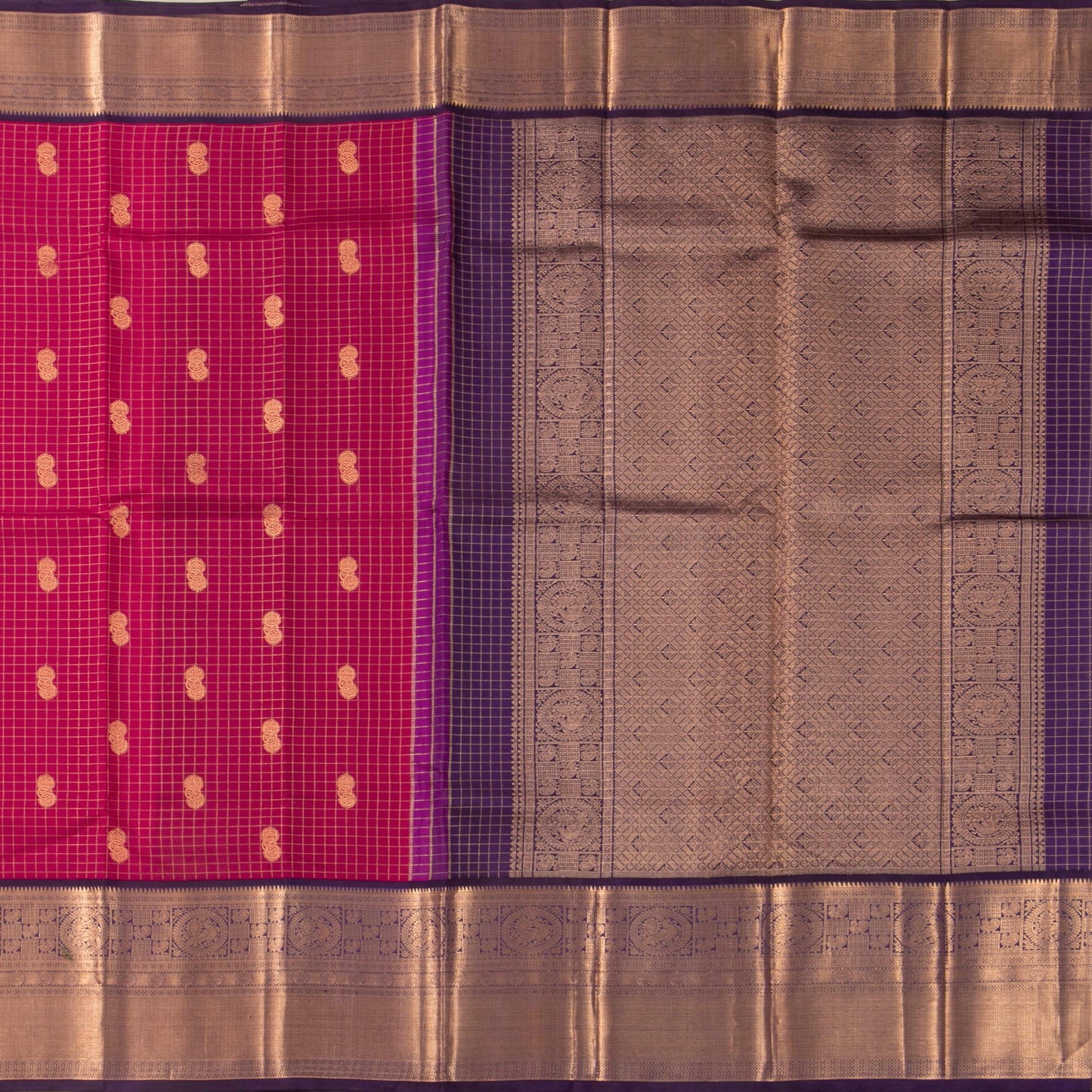 Pink And Purple Kanchipuram Silk Saree With Zari Checks For Bridal Wear PV NYC 1630