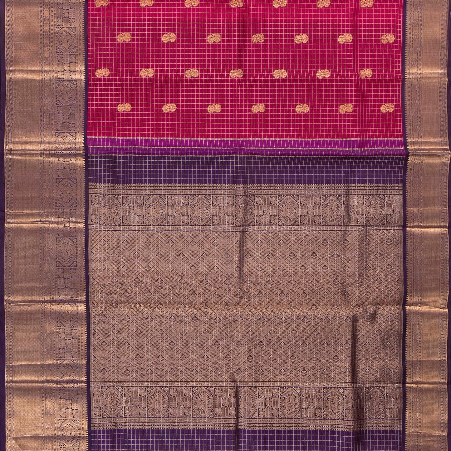 Pink And Purple Kanchipuram Silk Saree With Zari Checks For Bridal Wear PV NYC 1630