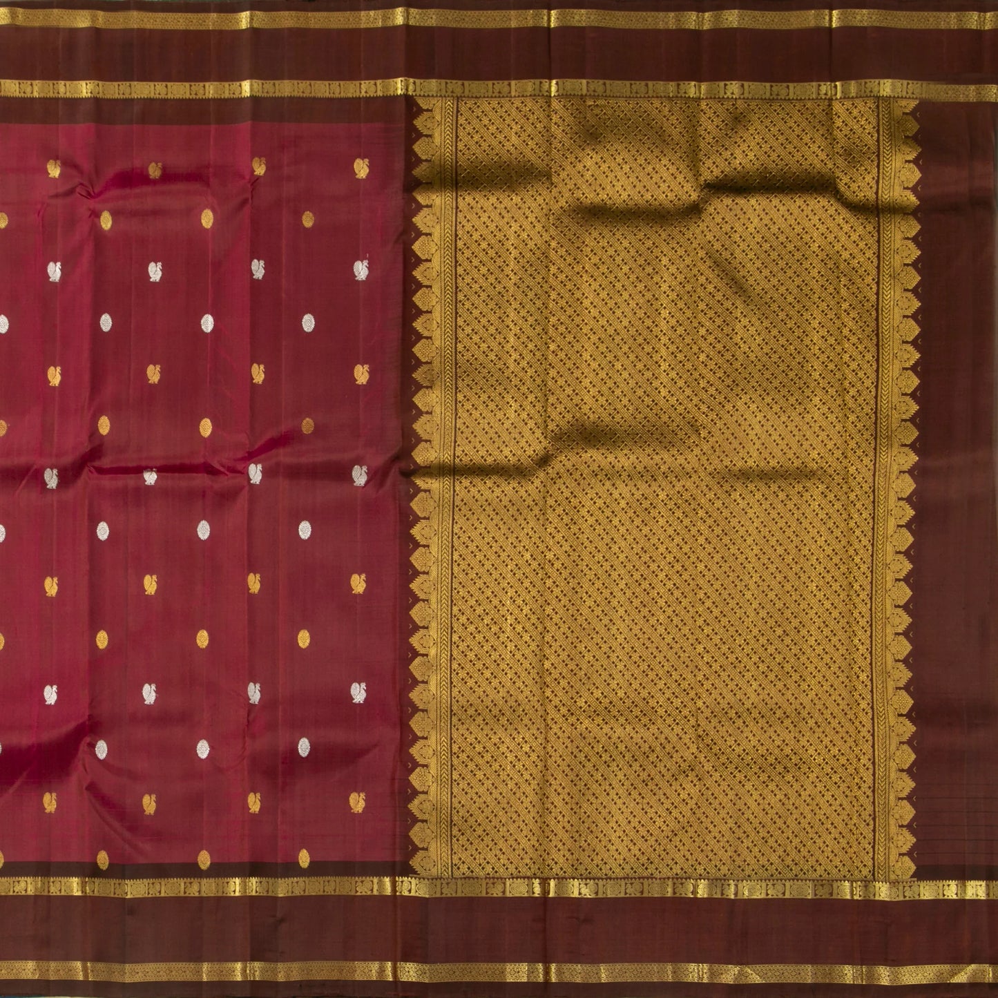 Maroon And Brown Kanchipuram Silk Saree With Rettai Pettu Border And Silver And Gold Zari For Festive Wear PV NYC 1608