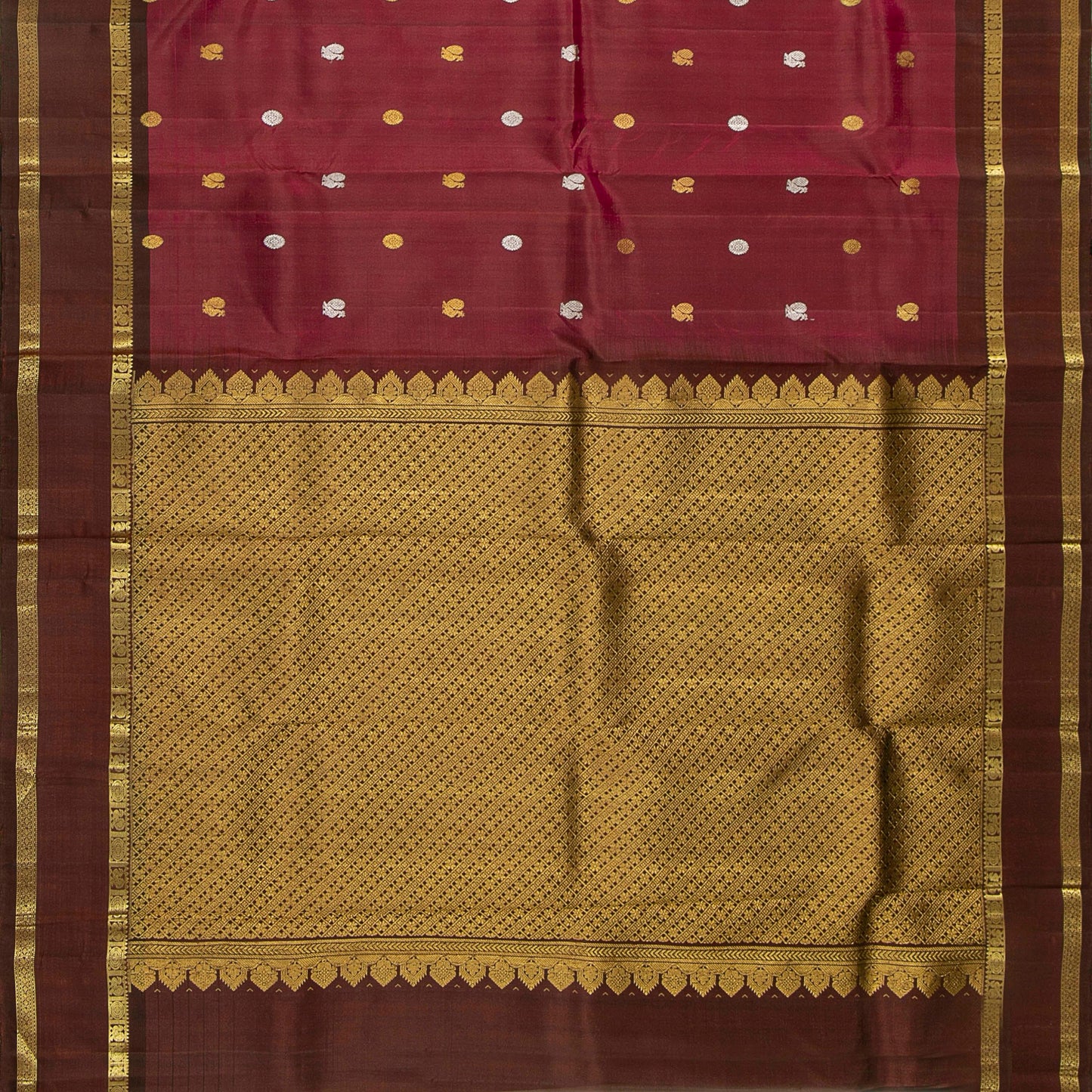 Maroon And Brown Kanchipuram Silk Saree With Rettai Pettu Border And Silver And Gold Zari For Festive Wear PV NYC 1608