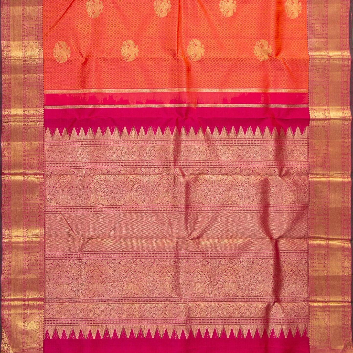 Pink, Magenta And Red Kanchipuram Silk Saree With Jacquard Silk Work And Ganda Berunda Motifs For Wedding Wear PV NYC 1673