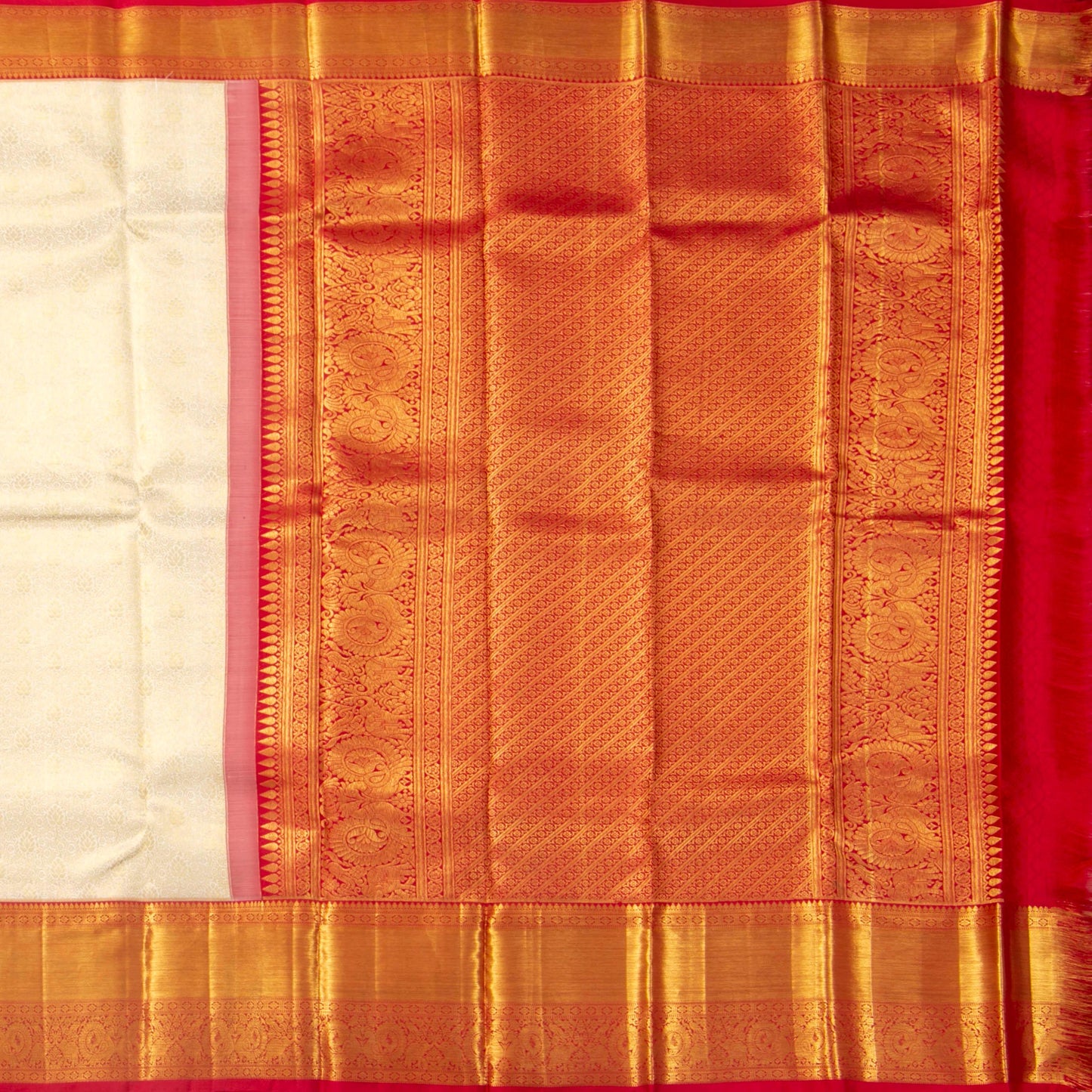 Off White And Red Kanchipuram Silk Saree For Wedding Wear PV NYC 1686