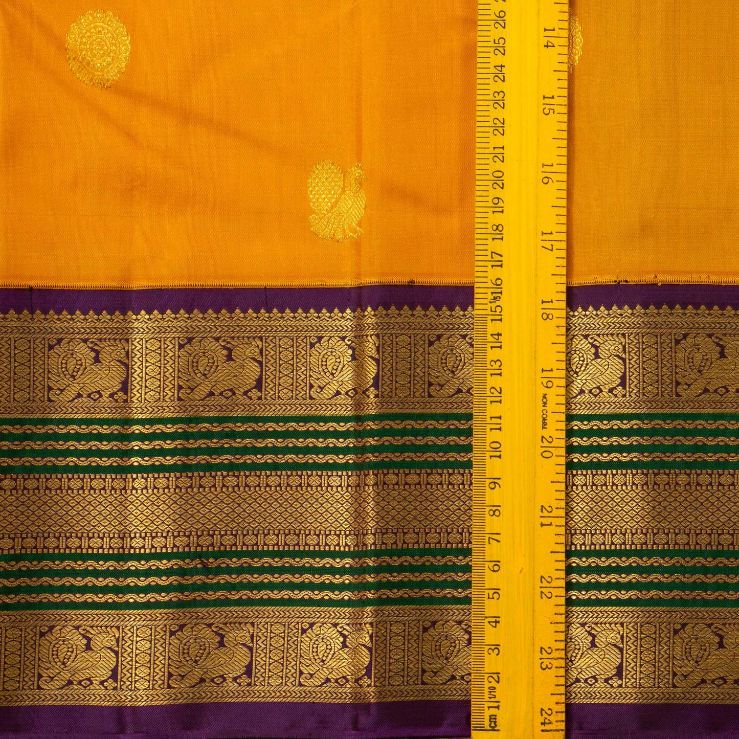 Yellow And Purple Kanchipuram Silk Saree For Festive Wear PV J 1780
