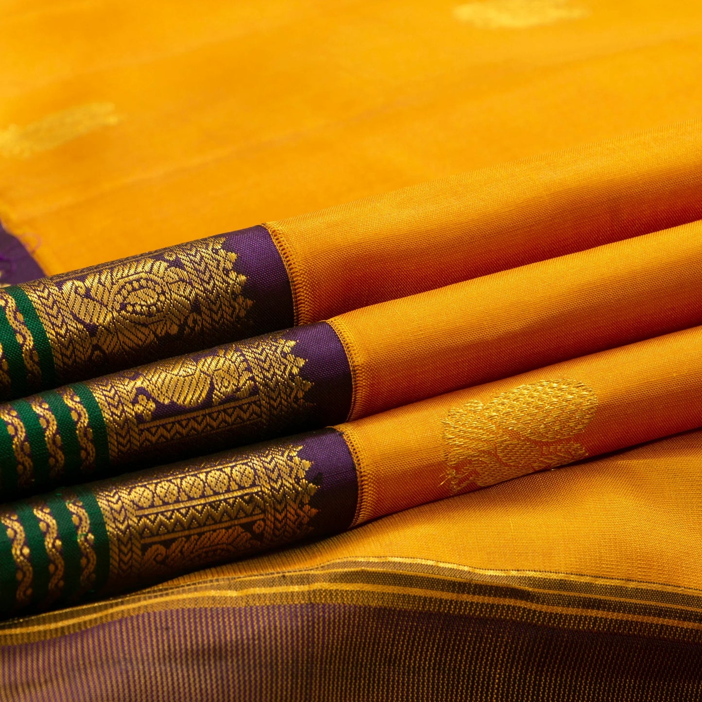 Yellow And Purple Kanchipuram Silk Saree For Festive Wear PV J 1780