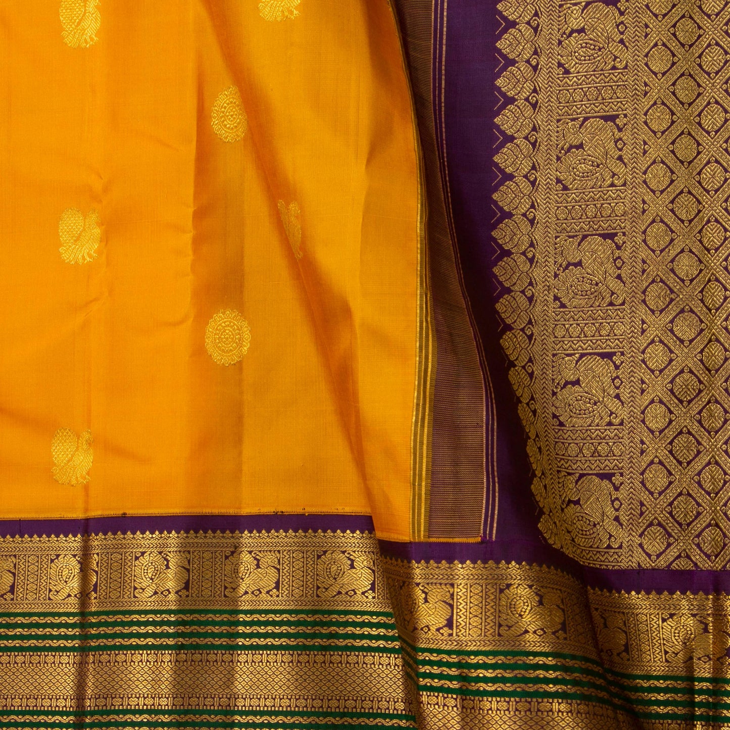 Yellow And Purple Kanchipuram Silk Saree For Festive Wear PV J 1780
