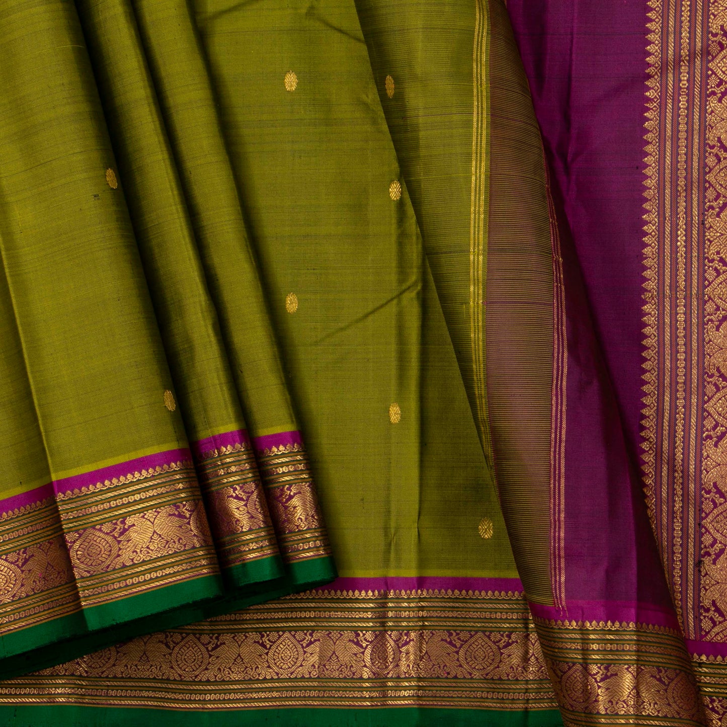 Mehendi Green And Magenta Kanchipuram Silk Saree For Festive Wear PV J 1787