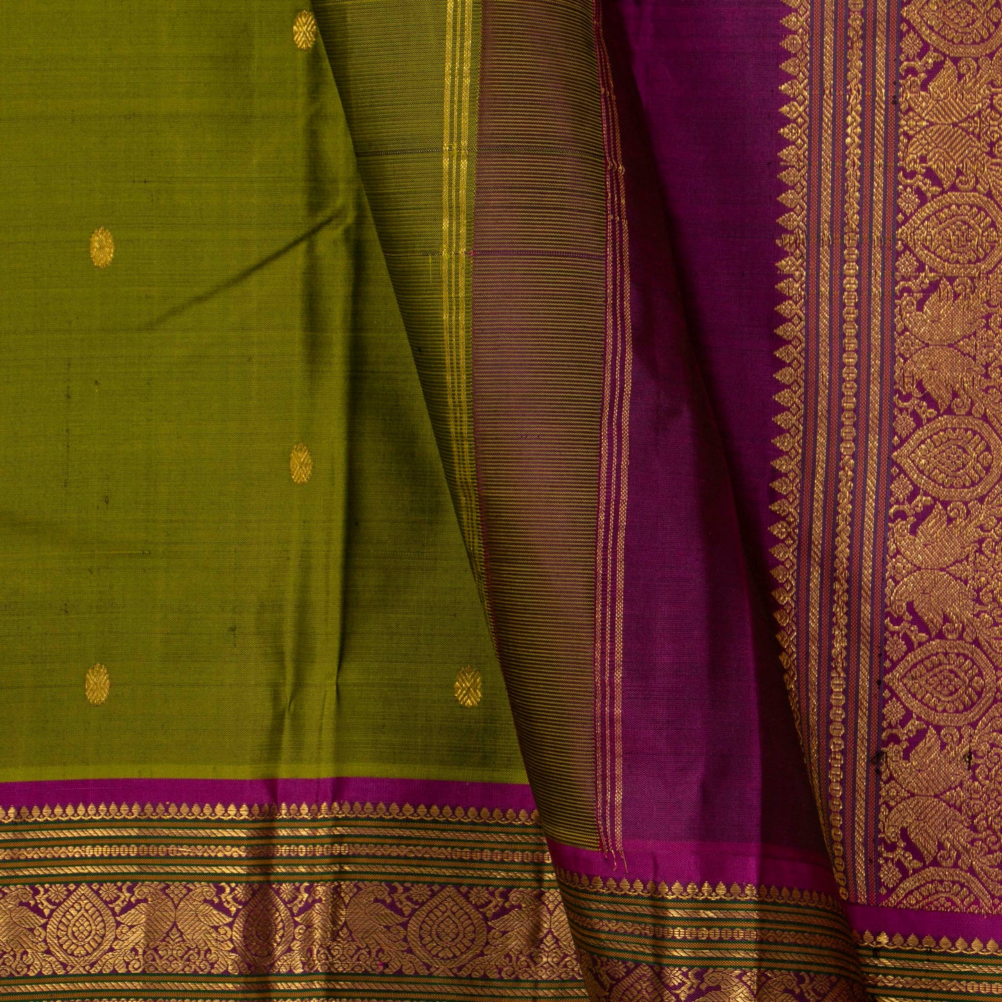 Mehendi Green And Magenta Kanchipuram Silk Saree For Festive Wear PV J 1787