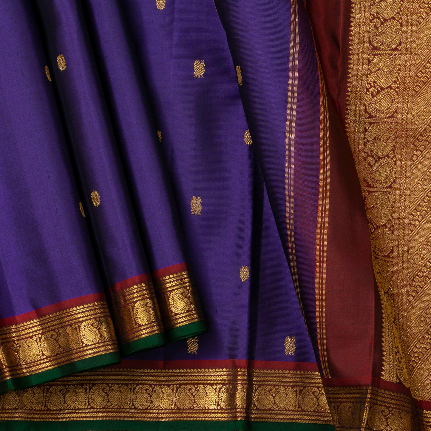 Blue And Maroon Kanchipuram Silk Saree For Festive Wear PV J 1785