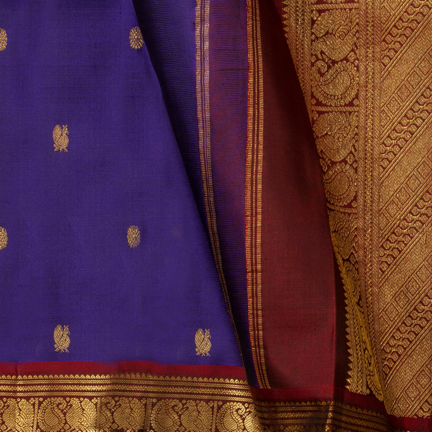 Blue And Maroon Kanchipuram Silk Saree For Festive Wear PV J 1785