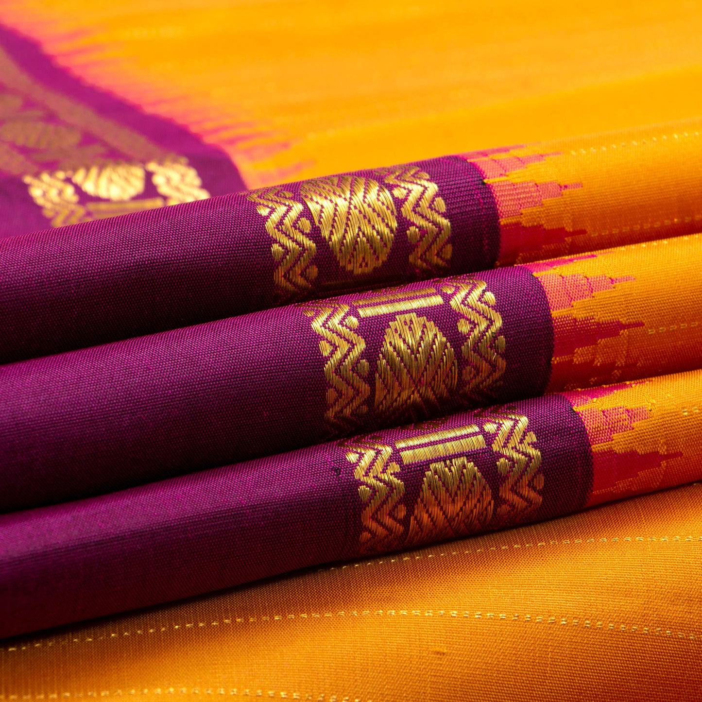 Mustard Yellow And Magenta Kanchipuram Silk Saree For Festive Wear PV J 1249