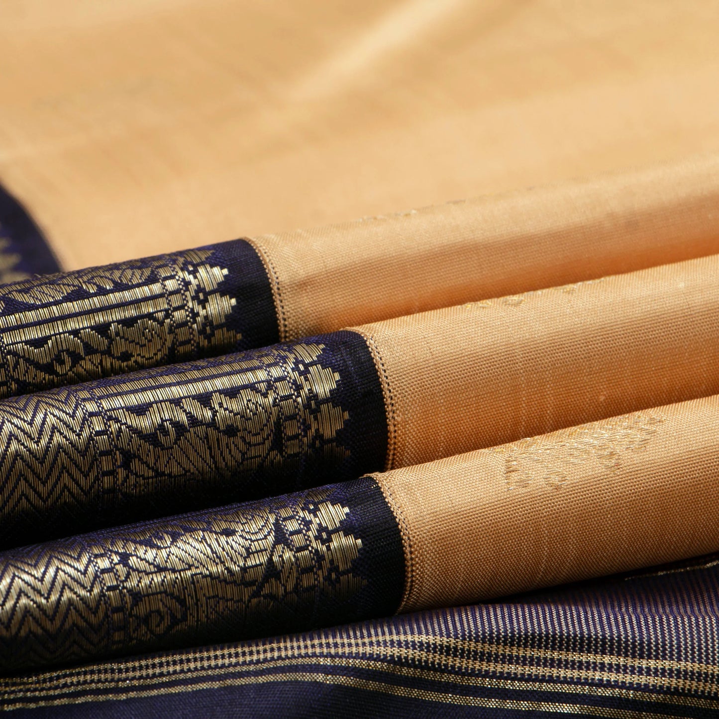 Pastel Peach And Black Kanchipuram Silk Saree For Festive Wear PV J 303
